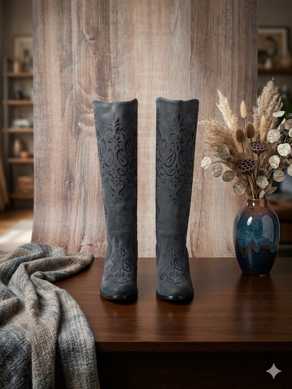 Embroidered Gray Over-the-Knee Western Boots